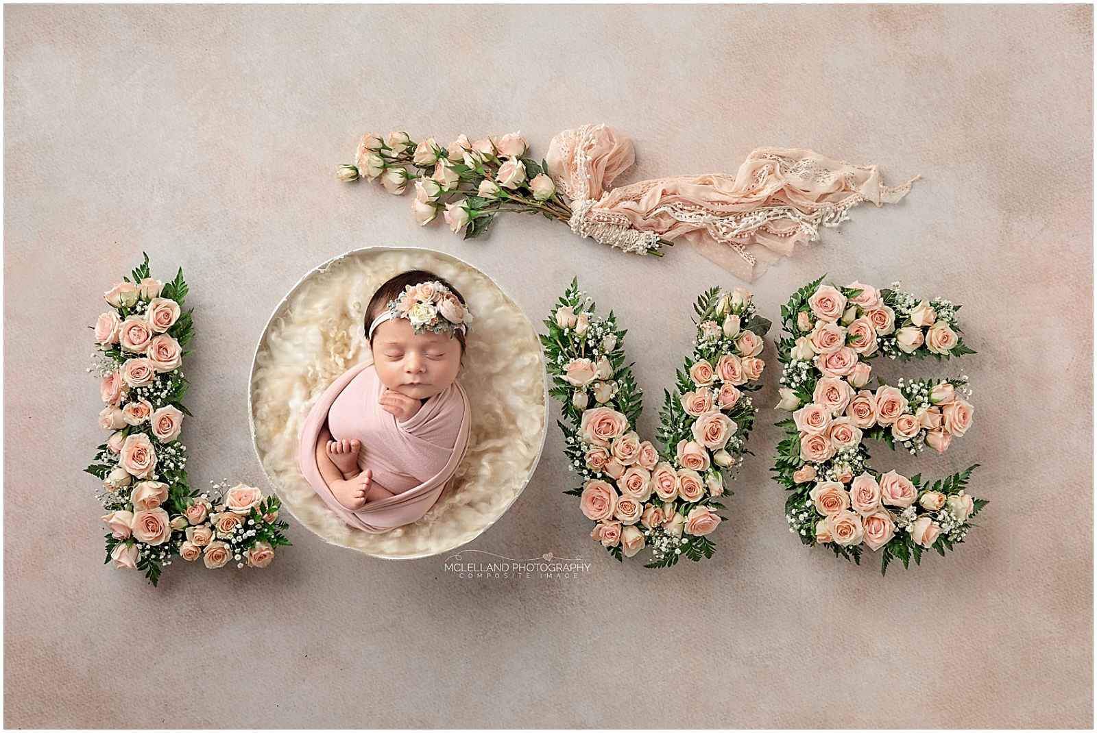 This newborn composite was created by combining two images together in Photoshop