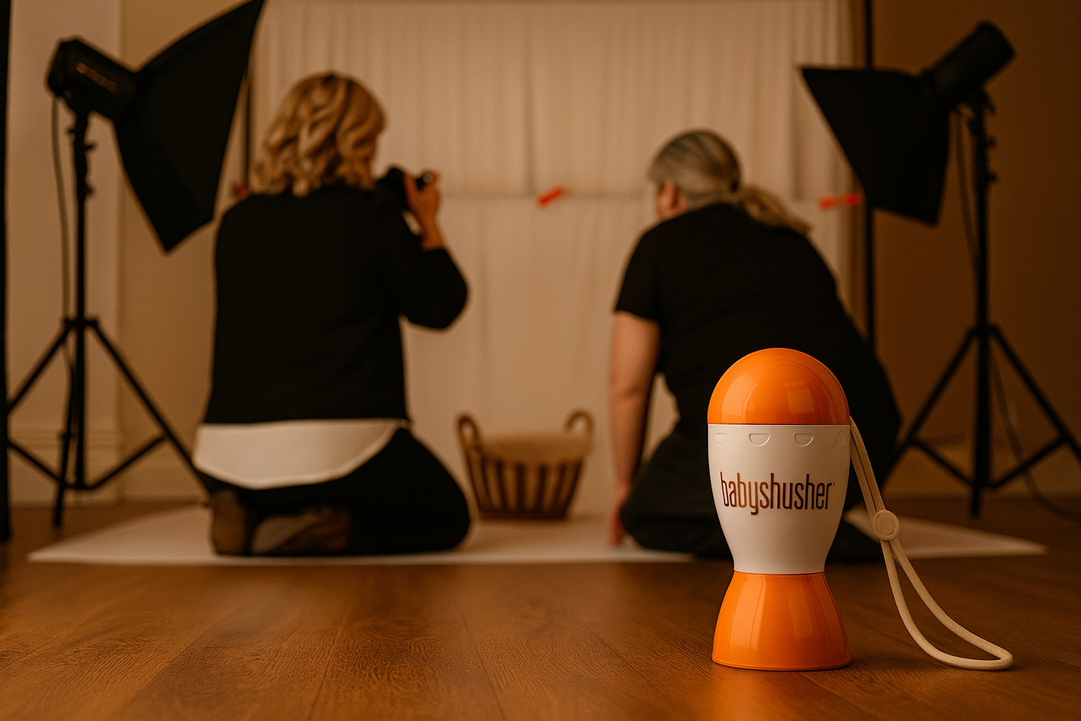 Baby Shusher sound machine on the studio floor during a newborn photography session, used to help soothe babies to sleep in our Oakville newborn studio.