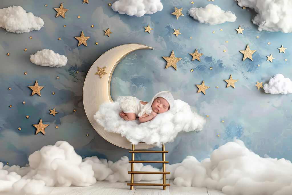 Sleeping newborn resting inside crescent moon styled in soft tones for photography services in Mississauga. 