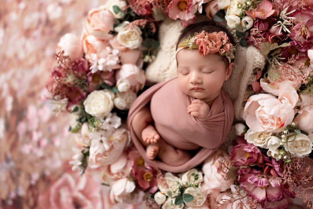Photography studio in Mississauga captures newborn wrapped in pink swaddle, laying in wreath of pink and red flowers. 