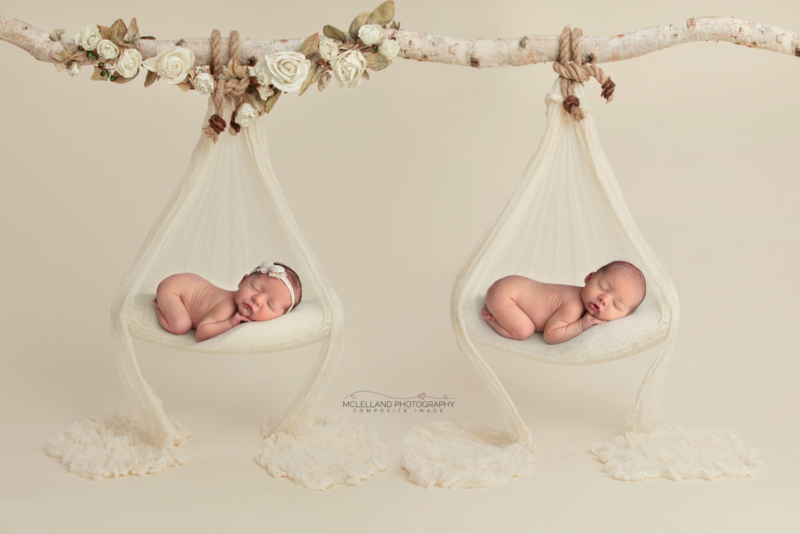 composite image of newborn twins, safely posed thanks to newborn photography safety practices
