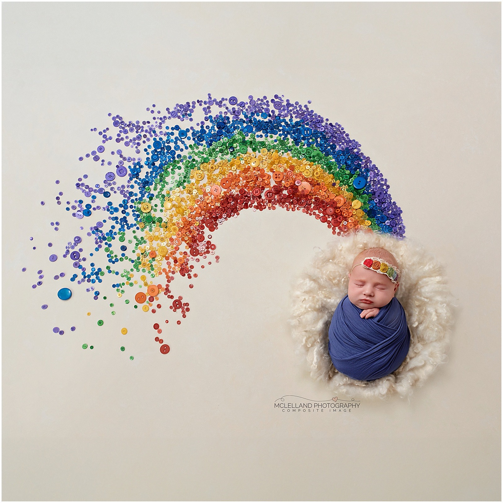 Sleeping newborn baby wrapped in blue beneath a rainbow made from colourful buttons in a professional composite image